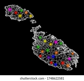 Web mesh vector map of Malta with flare effect on a black background. Abstract lines, light spots and circle dots form map of Malta constellation.