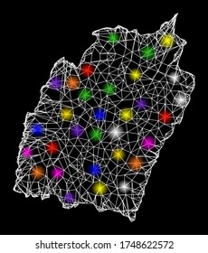 Web mesh vector map of Manipur State with glare effect on a black background. Abstract lines, light spots and circle dots form map of Manipur State constellation.