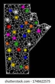 Web mesh vector map of Manitoba Province with glow effect on a black background. Abstract lines, light spots and circle dots form map of Manitoba Province constellation.