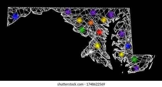 Web mesh vector map of Maryland State with glare effect on a black background. Abstract lines, light spots and circle dots form map of Maryland State constellation.