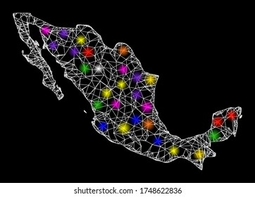 Web mesh vector map of Mexico with flare effect on a black background. Abstract lines, light spots and dots form map of Mexico constellation.