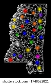 Mapa vectorial de malla web del estado de Mississippi con efecto de brillo sobre un fondo negro. Líneas abstractas, puntos claros y puntos forman el mapa de la constelación del Estado de Misisipi.