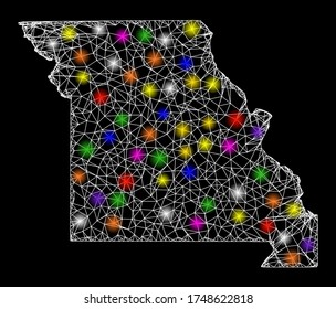 Web mesh vector map of Missouri State with glare effect on a black background. Abstract lines, light spots and spheric points form map of Missouri State constellation.