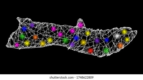 Web mesh vector map of Molokai Island with flare effect on a black background. Abstract lines, light spots and points form map of Molokai Island constellation.