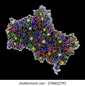 Web mesh vector map of Moscow Region with glitter effect on a black background. Abstract lines, light spots and circle dots form map of Moscow Region constellation.