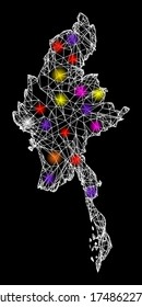 Web mesh vector map of Myanmar with flare effect on a black background. Abstract lines, light spots and points form map of Myanmar constellation.