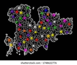 Web mesh vector map of Mykonos Island with glow effect on a black background. Abstract lines, light spots and dots form map of Mykonos Island constellation.