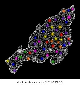 Web mesh vector map of Nagaland State with glare effect on a black background. Abstract lines, light spots and dots form map of Nagaland State constellation.