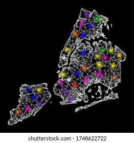 Web mesh vector map of New York City with glare effect on a black background. Abstract lines, light spots and dots form map of New York City constellation.