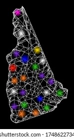 Web mesh vector map of New Hampshire State with glare effect on a black background. Abstract lines, light spots and dots form map of New Hampshire State constellation.