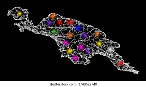 Web mesh vector map of New Guinea Island with glare effect on a black background. Abstract lines, light spots and points form map of New Guinea Island constellation.