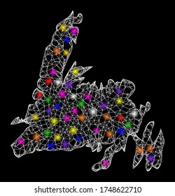 Web mesh vector map of Newfoundland Island with glare effect on a black background. Abstract lines, light spots and points form map of Newfoundland Island constellation.