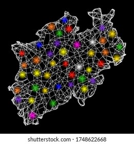 Web mesh vector map of North Rhine-Westphalia State with glare effect on a black background. Abstract lines, light spots and small circles form map of North Rhine-Westphalia State constellation.