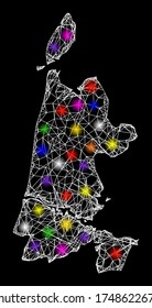 Web mesh vector map of North Holland with glare effect on a black background. Abstract lines, light spots and circle dots form map of North Holland constellation.