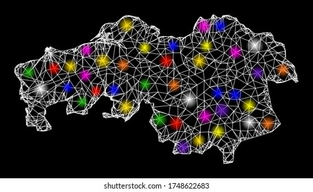 Web mesh vector map of North Brabant Province with glare effect on a black background. Abstract lines, light spots and dots form map of North Brabant Province constellation.