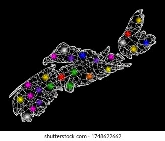 Web mesh vector map of Nova Scotia Province with glare effect on a black background. Abstract lines, light spots and circle dots form map of Nova Scotia Province constellation.
