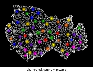 Web mesh vector map of Novosibirsk Region with glare effect on a black background. Abstract lines, light spots and spheric points form map of Novosibirsk Region constellation.