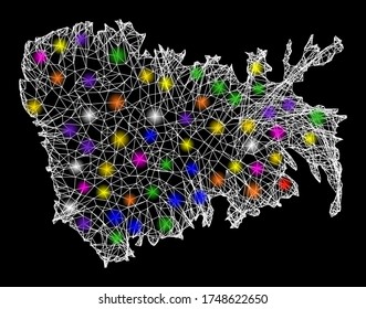 Web mesh vector map of Nuku Hiva Island with glow effect on a black background. Abstract lines, light spots and small circles form map of Nuku Hiva Island constellation.