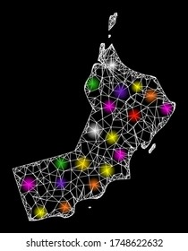 Web mesh vector map of Oman with glare effect on a black background. Abstract lines, light spots and points form map of Oman constellation.