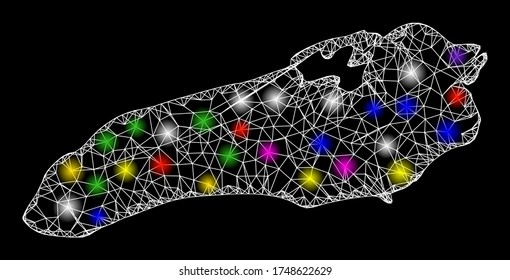 Web mesh vector map of Ontario Lake with glare effect on a black background. Abstract lines, light spots and small circles form map of Ontario Lake constellation.