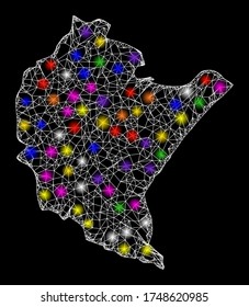Web mesh vector map of Podkarpackie Province with glare effect on a black background. Abstract lines, light spots and points form map of Podkarpackie Province constellation.