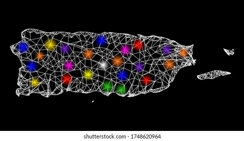 Web mesh vector map of Puerto Rico with glitter effect on a black background. Abstract lines, light spots and spheric points form map of Puerto Rico constellation.