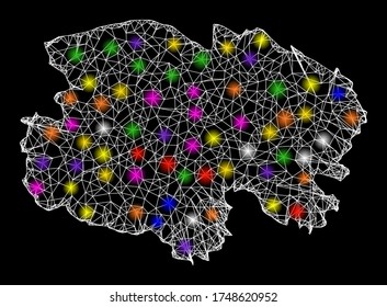 Web mesh vector map of Qinghai Province with glare effect on a black background. Abstract lines, light spots and dots form map of Qinghai Province constellation.