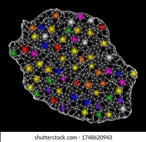 Web mesh vector map of Reunion Island with glare effect on a black background. Abstract lines, light spots and circle dots form map of Reunion Island constellation.