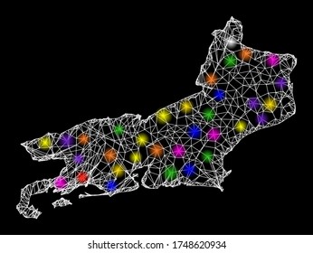 Web mesh vector map of Rio de Janeiro State with glare effect on a black background. Abstract lines, light spots and circle dots form map of Rio de Janeiro State constellation.