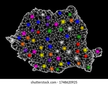 Web mesh vector map of Romania with glare effect on a black background. Abstract lines, light spots and circle dots form map of Romania constellation.