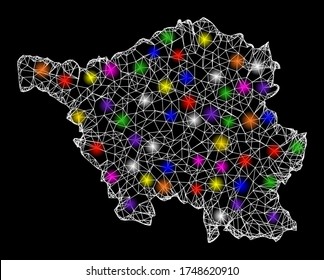 Web mesh vector map of Saarland State with glow effect on a black background. Abstract lines, light spots and points form map of Saarland State constellation.