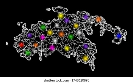 Web mesh vector map of Saint John Island with glow effect on a black background. Abstract lines, light spots and dots form map of Saint John Island constellation.
