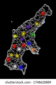 Web mesh vector map of Saipan Island with glare effect on a black background. Abstract lines, light spots and points form map of Saipan Island constellation.