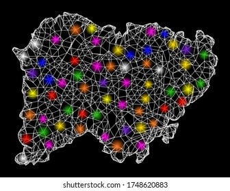 Web mesh vector map of Salamanca Province with glitter effect on a black background. Abstract lines, light spots and dots form map of Salamanca Province constellation.