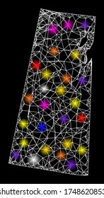 Web mesh vector map of Saskatchewan Province with glare effect on a black background. Abstract lines, light spots and circle dots form map of Saskatchewan Province constellation.