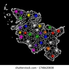 Web mesh vector map of Schleswig-Holstein State with glare effect on a black background. Abstract lines, light spots and points form map of Schleswig-Holstein State constellation.
