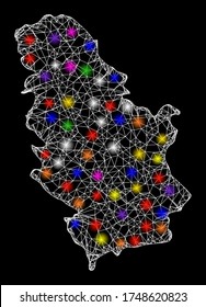 Web mesh vector map of Serbia with glare effect on a black background. Abstract lines, light spots and circle dots form map of Serbia constellation.