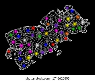 Web mesh vector map of Shikotan Island with glitter effect on a black background. Abstract lines, light spots and spheric points form map of Shikotan Island constellation.