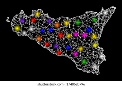 Web mesh vector map of Sicilia Island with glitter effect on a black background. Abstract lines, light spots and dots form map of Sicilia Island constellation.