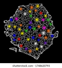 Web mesh vector map of Sierra Leone with flare effect on a black background. Abstract lines, light spots and dots form map of Sierra Leone constellation.