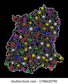 Web mesh vector map of Sikkim State with glare effect on a black background. Abstract lines, light spots and circle dots form map of Sikkim State constellation.