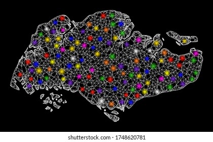 Web mesh vector map of Singapore with glitter effect on a black background. Abstract lines, light spots and circle dots form map of Singapore constellation.