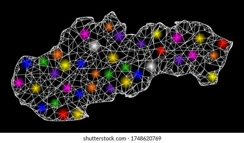 Web mesh vector map of Slovakia with glitter effect on a black background. Abstract lines, light spots and spheric points form map of Slovakia constellation.