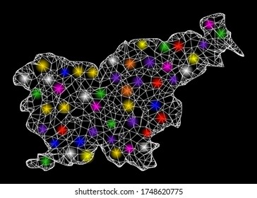 Web mesh vector map of Slovenia with glare effect on a black background. Abstract lines, light spots and circle dots form map of Slovenia constellation.