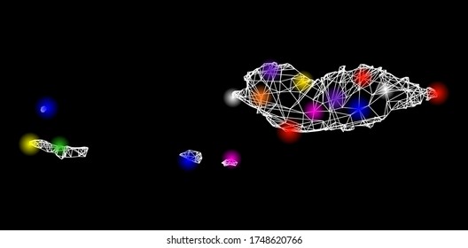 Web mesh vector map of Socotra Archipelago with glare effect on a black background. Abstract lines, light spots and circle dots form map of Socotra Archipelago constellation.