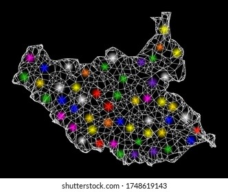 Web mesh vector map of South Sudan with glare effect on a black background. Abstract lines, light spots and spheric points form map of South Sudan constellation.