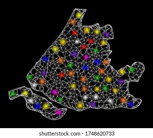 Web mesh vector map of South Holland with glitter effect on a black background. Abstract lines, light spots and spheric points form map of South Holland constellation.