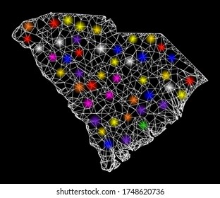 Web mesh vector map of South Carolina State with flare effect on a black background. Abstract lines, light spots and dots form map of South Carolina State constellation.
