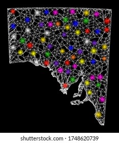 Web mesh vector map of South Australia with glare effect on a black background. Abstract lines, light spots and circle dots form map of South Australia constellation.