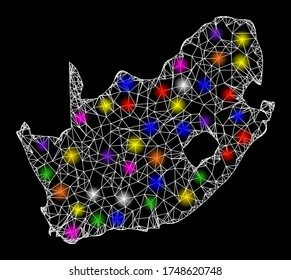 Web mesh vector map of South African Republic with flare effect on a black background. Abstract lines, light spots and points form map of South African Republic constellation.